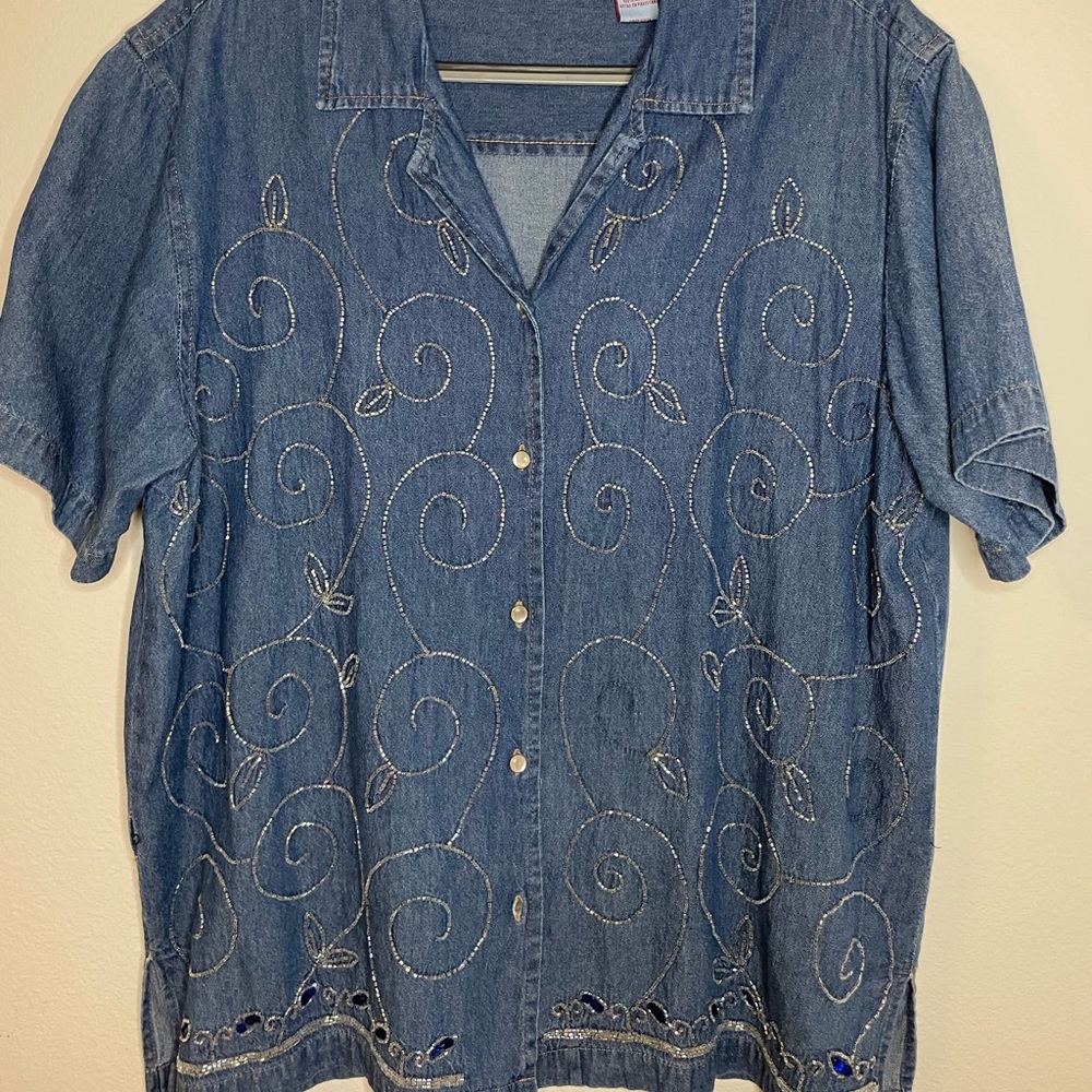 Bead Embroidered Denim Button Up